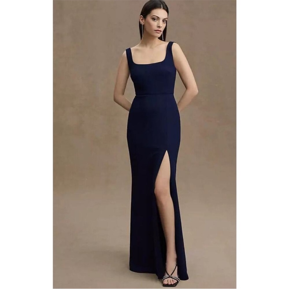 BHLDN Ashlynn Square Neck Side Slit Crepe Gown in Navy Elegant Chic size 16